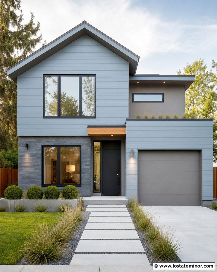 Dusty Blue Modern House With Soft Gray Trim - 30 Dusty Blue House Design With Accents Ideas