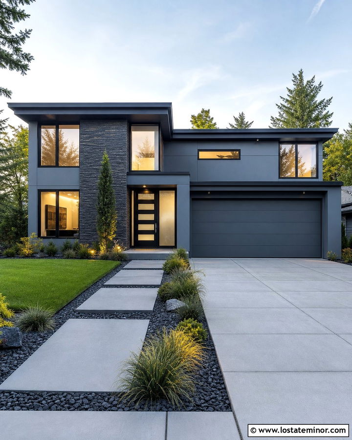 Dusty Blue Modern House With Stacked Stone - 30 Dusty Blue House Design With Stone Accents Ideas