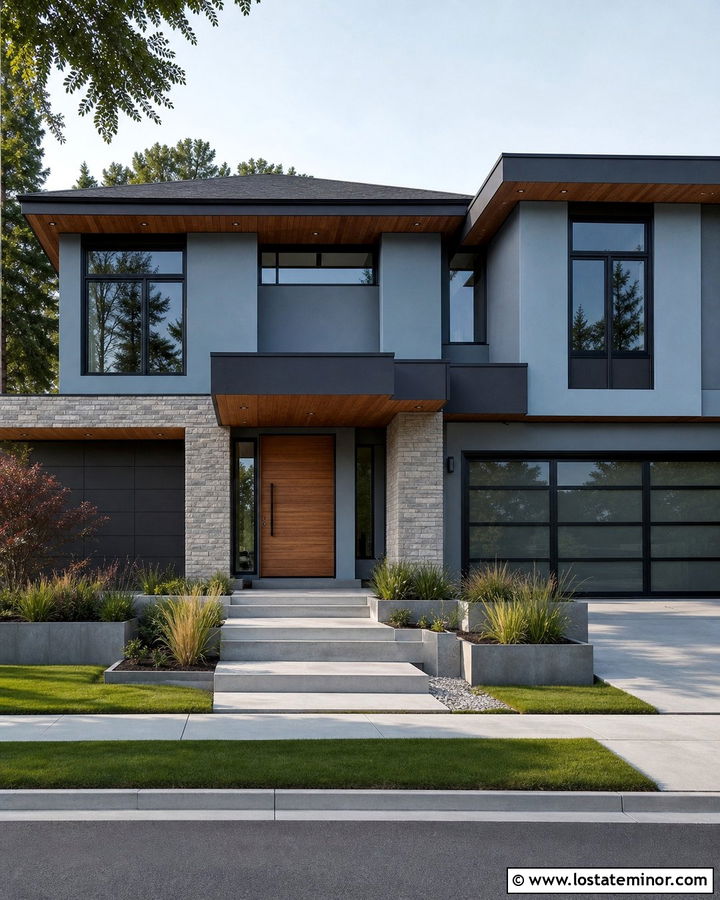 Dusty Blue Modern House With Walnut Entry Door - 30 Dusty Blue House Design With Entry Door Ideas
