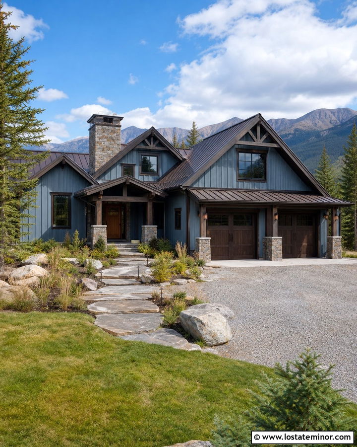 Dusty Blue Mountain House With Espresso Window Frames - 30 Dusty Blue House Design With Window Frames Ideas