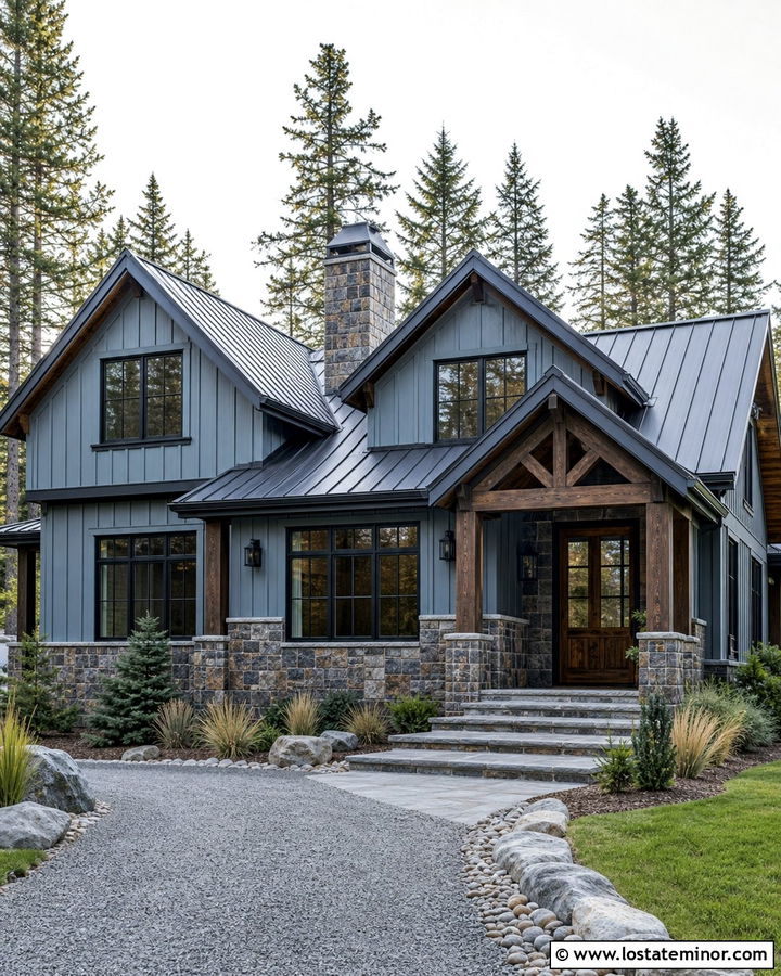 Dusty Blue Mountain House With Rustic Stone Wainscoting - 30 Dusty Blue House Design With Wainscoting Ideas