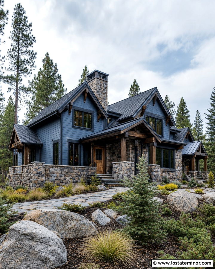 Dusty Blue Mountain House With Rustic Stone - 30 Dusty Blue House Design With Stone Accents Ideas