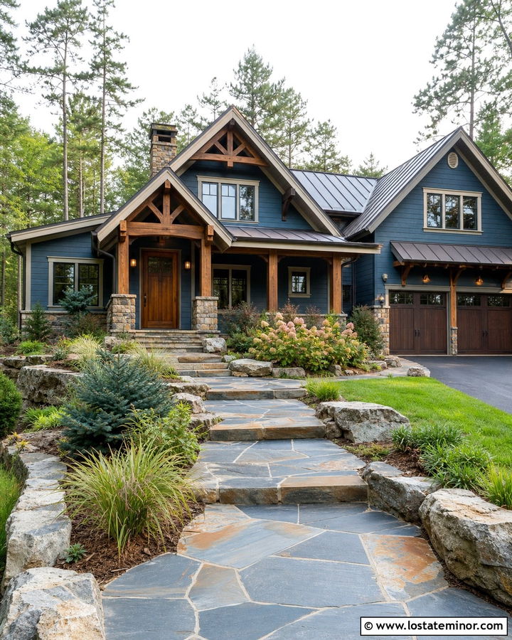 Dusty Blue Mountain House With Slate Walkway - 30 Dusty Blue House Design With Walkway Ideas