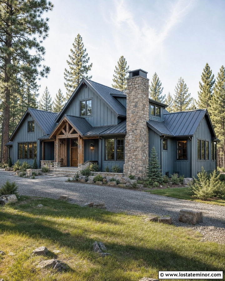 Dusty Blue Mountain House With Stone Chimney Gables - 30 Dusty Blue House Design With Gables Ideas