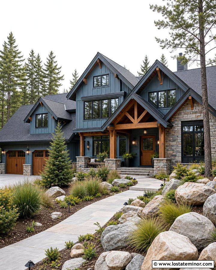 Dusty Blue Mountain House With Stone Dormers - 30 Dusty Blue House Design With Dormers Ideas