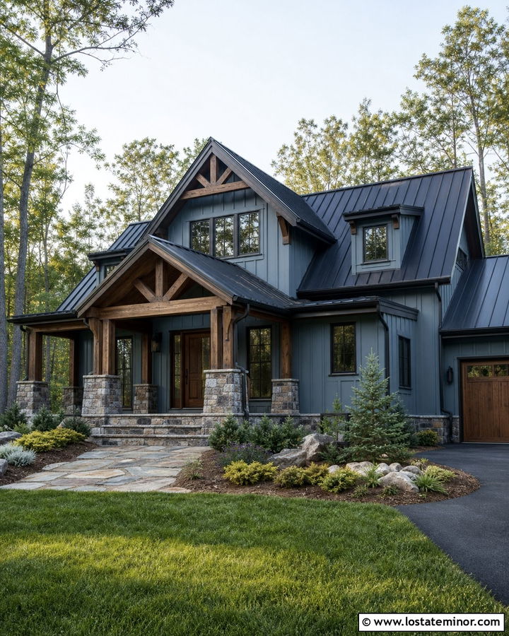 Dusty Blue Mountain House With Stone Front Porch - 30 Dusty Blue House Design With Front Porch Ideas