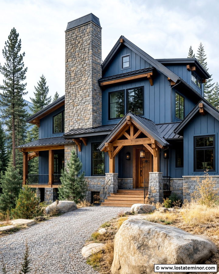 Dusty Blue Mountain House With Tall Chimney - 30 Dusty Blue House Design With Chimney Ideas