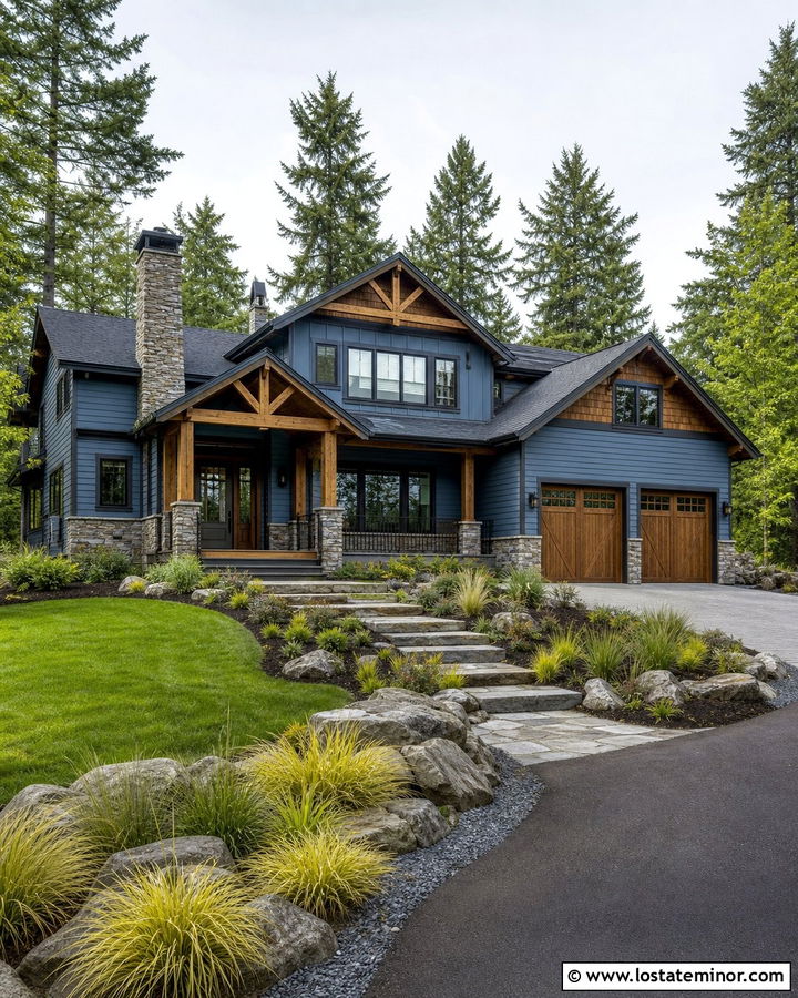 Dusty Blue Mountain House With Wood Garage Doors - 30 Dusty Blue House Design With Accents Ideas