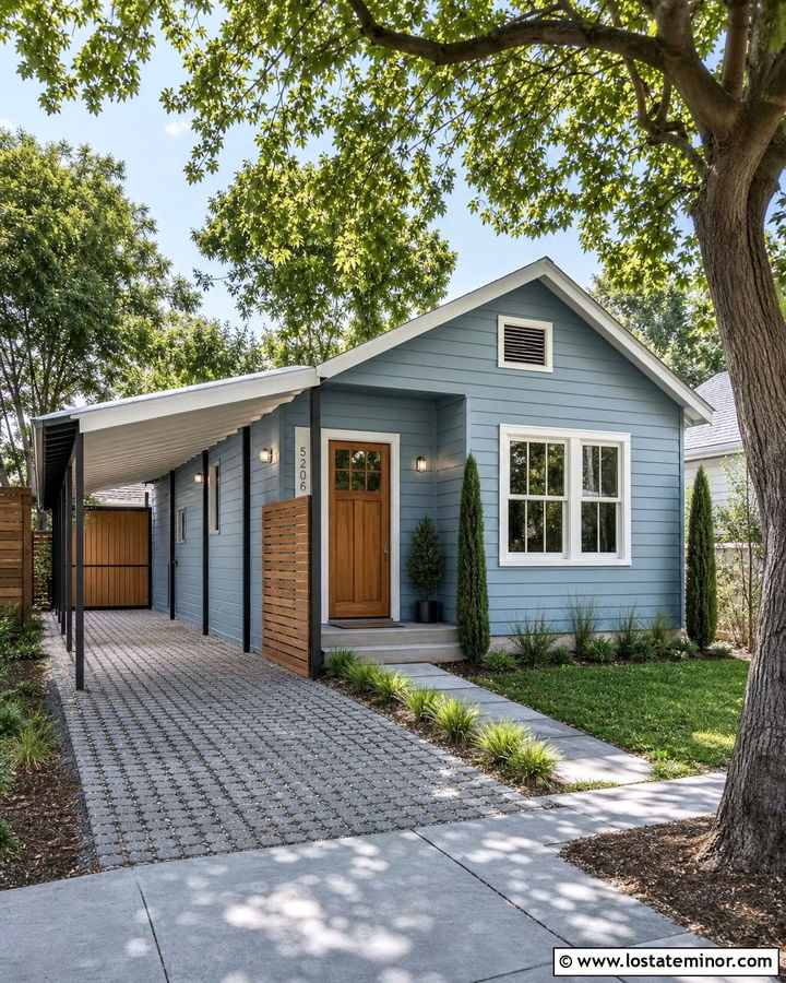 Dusty Blue Narrow House With Tandem Carport - 30 Dusty Blue House Design With Carport Ideas