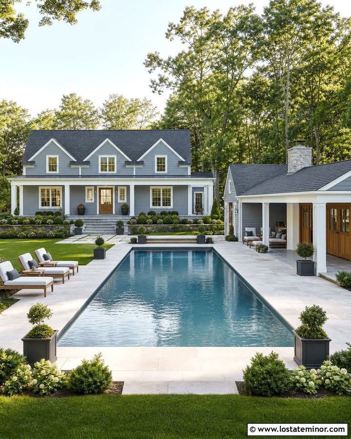 Dusty Blue Pool House With Matching Main House - 30 Dusty Blue House Design With Swimming Pool Ideas