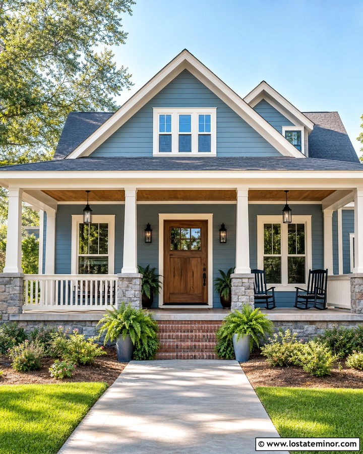 Dusty Blue Porch House With Hanging Lanterns - 30 Dusty Blue House Design With Light Fixtures Ideas