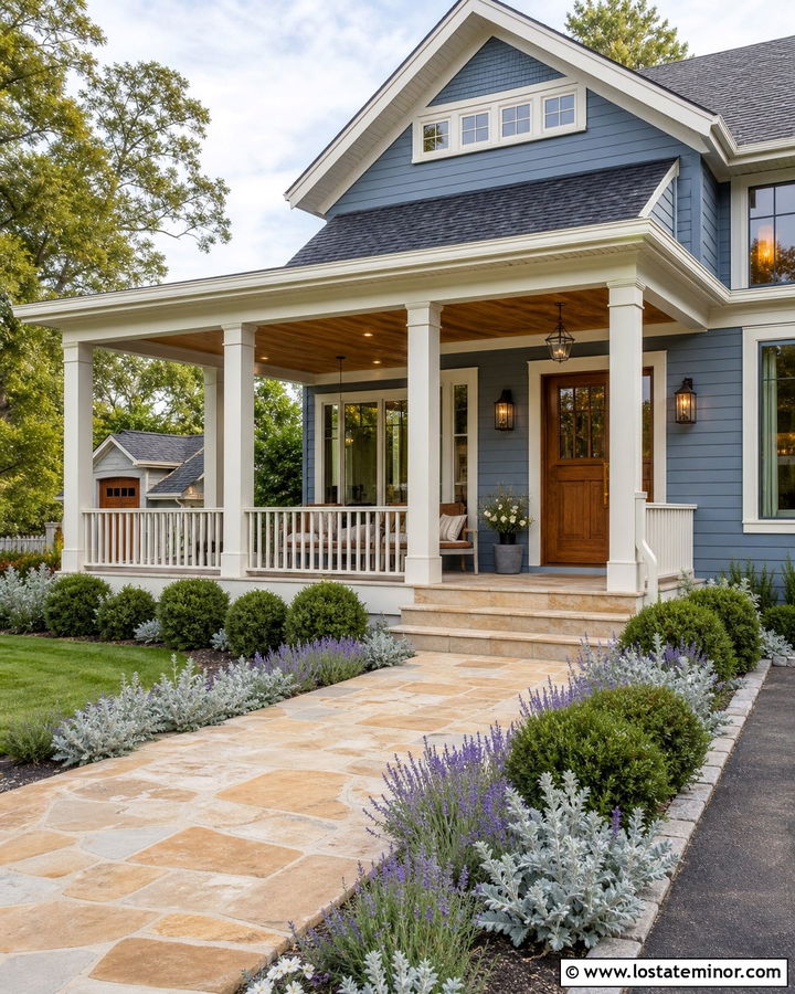 Dusty Blue Porch House With Sandstone Walkway - 30 Dusty Blue House Design With Walkway Ideas