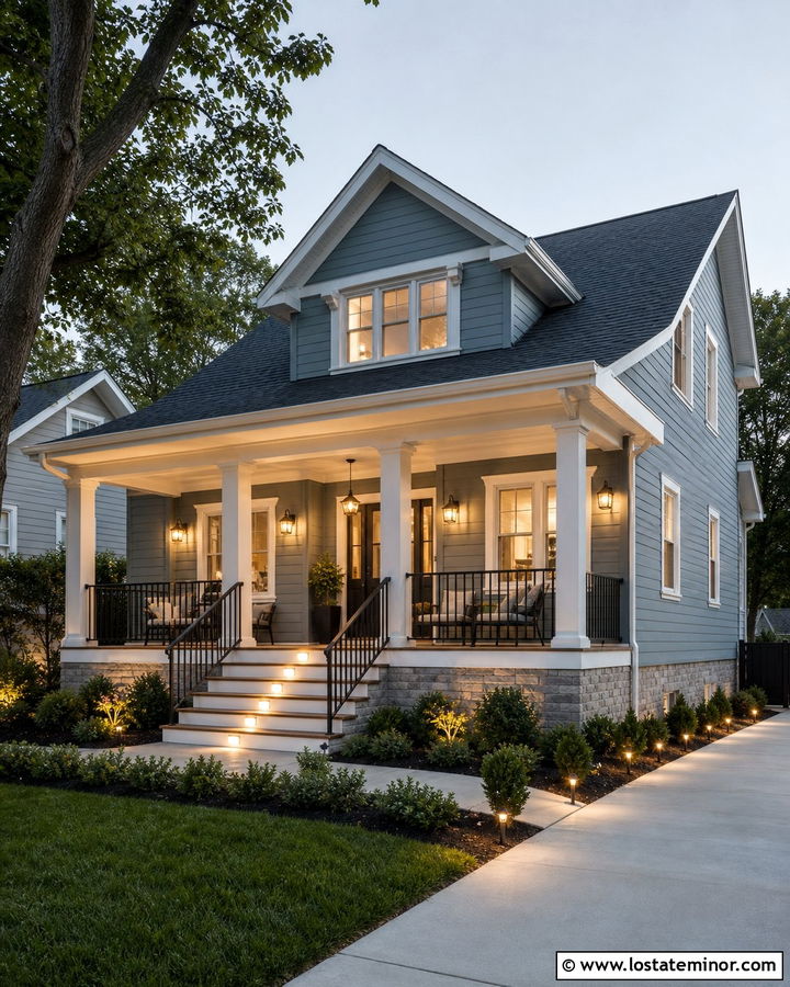 Dusty Blue Porch With Integrated Step Lights - 30 Dusty Blue House Design With Lighting Ideas