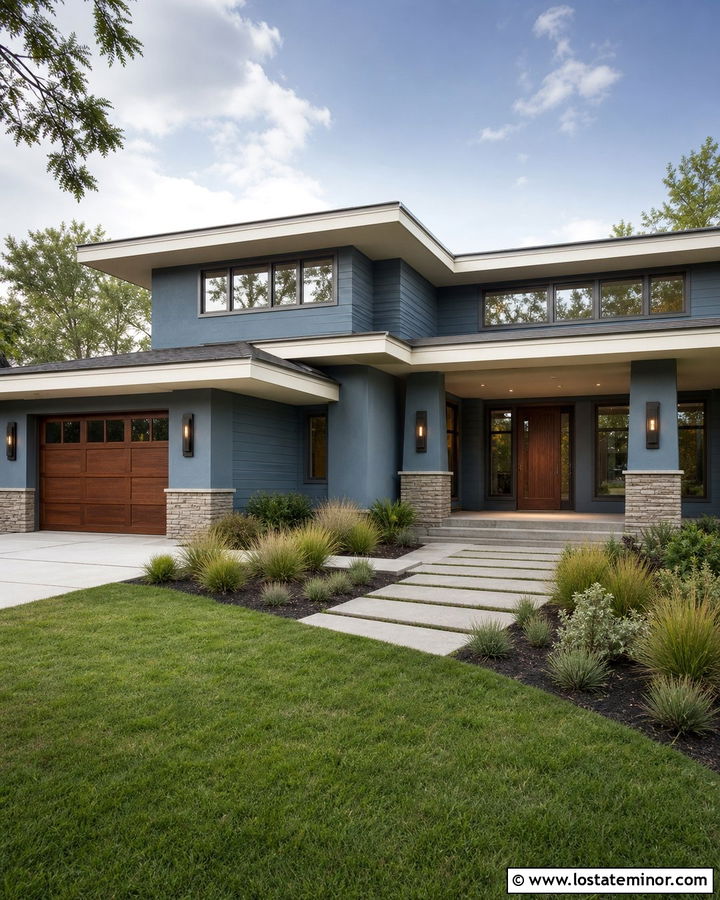 Dusty Blue Prairie House With Bronze Sconces - 30 Dusty Blue House Design With Light Fixtures Ideas