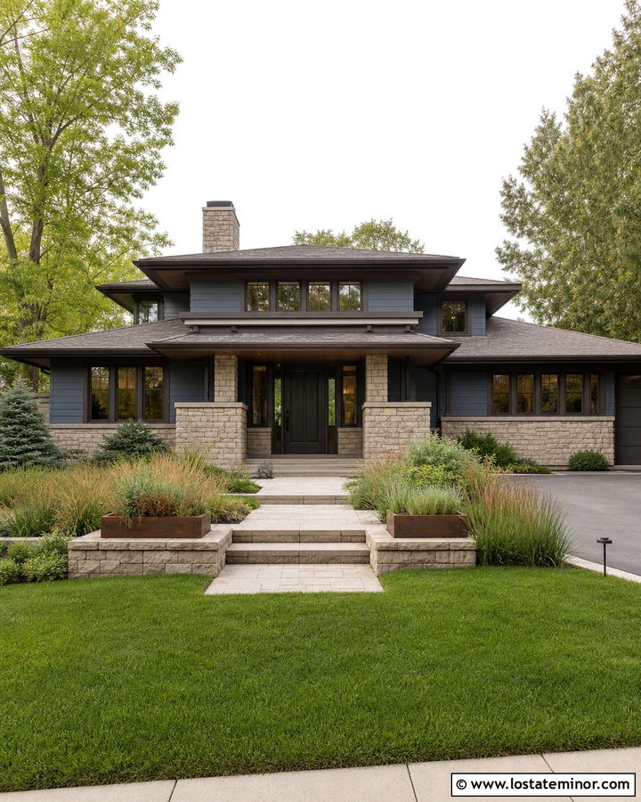 Dusty Blue Prairie House With Buff Stone Wainscoting - 30 Dusty Blue House Design With Wainscoting Ideas