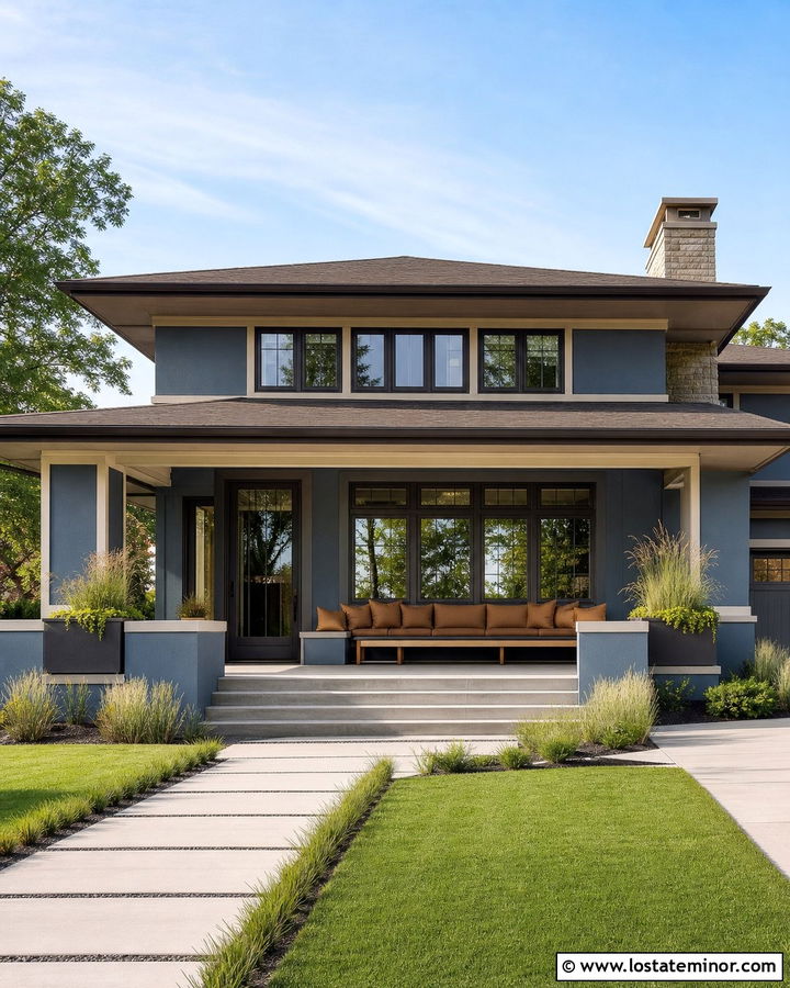 Dusty Blue Prairie House With Linear Daybed - 30 Dusty Blue House Design With Daybed Ideas