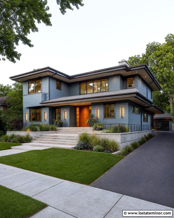 Dusty Blue Prairie House With Linear Sconces - 30 Dusty Blue House Design With Lighting Ideas
