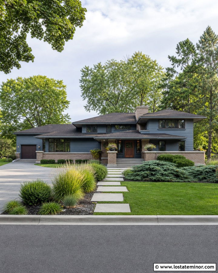 Dusty Blue Prairie House With Low Brick Walls - 30 Dusty Blue House Design With Brick Accents Ideas