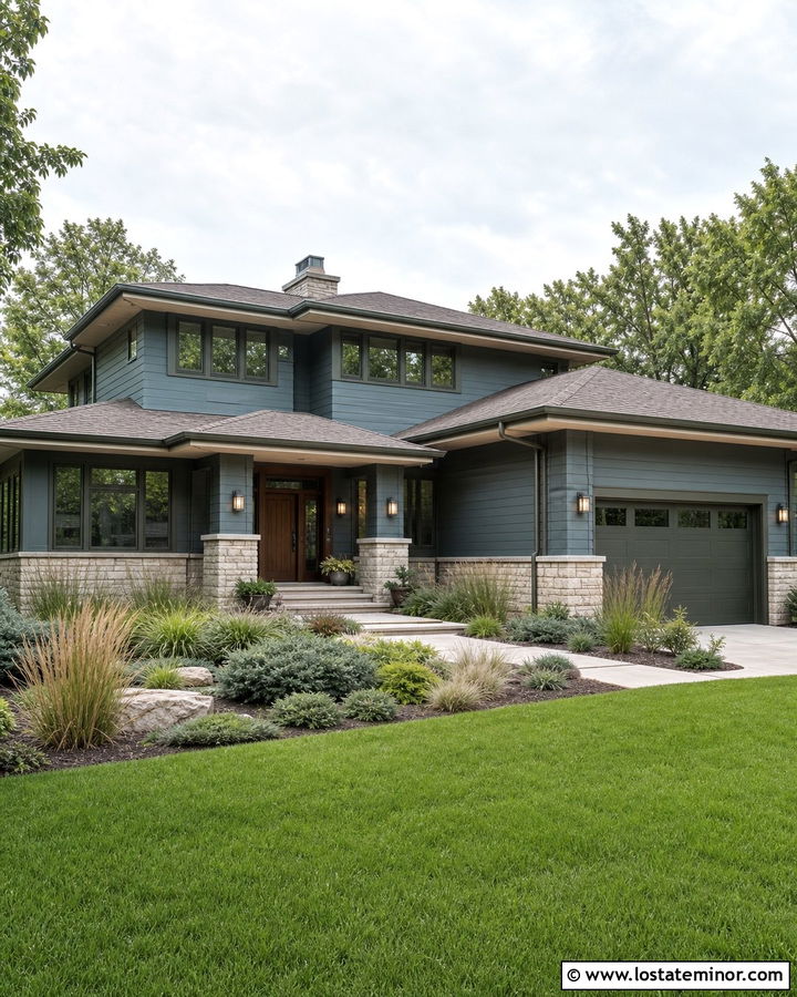 Dusty Blue Prairie House With Olive Window Frames - 30 Dusty Blue House Design With Window Frames Ideas