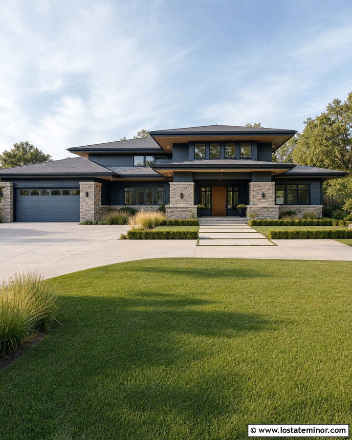 Dusty Blue Prairie House With Stone Piers - 30 Dusty Blue House Design With Stone Accents Ideas