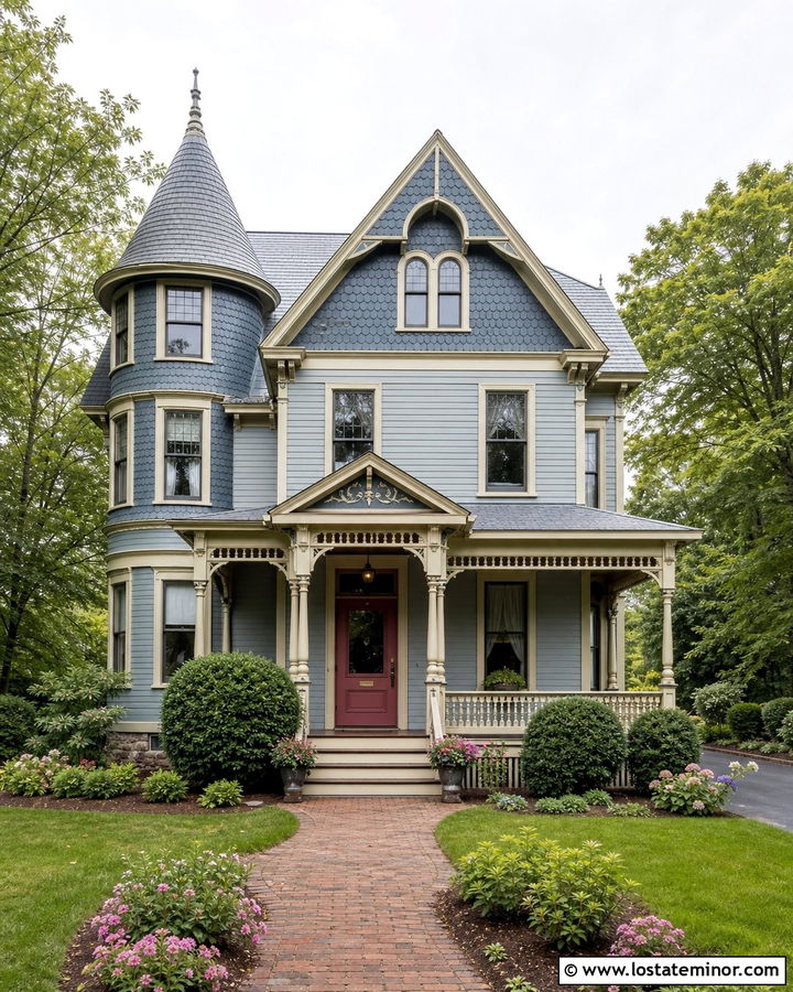 Dusty Blue Queen Anne House With Deep Rose Door - 30 Dusty Blue House Design With Entry Door Ideas