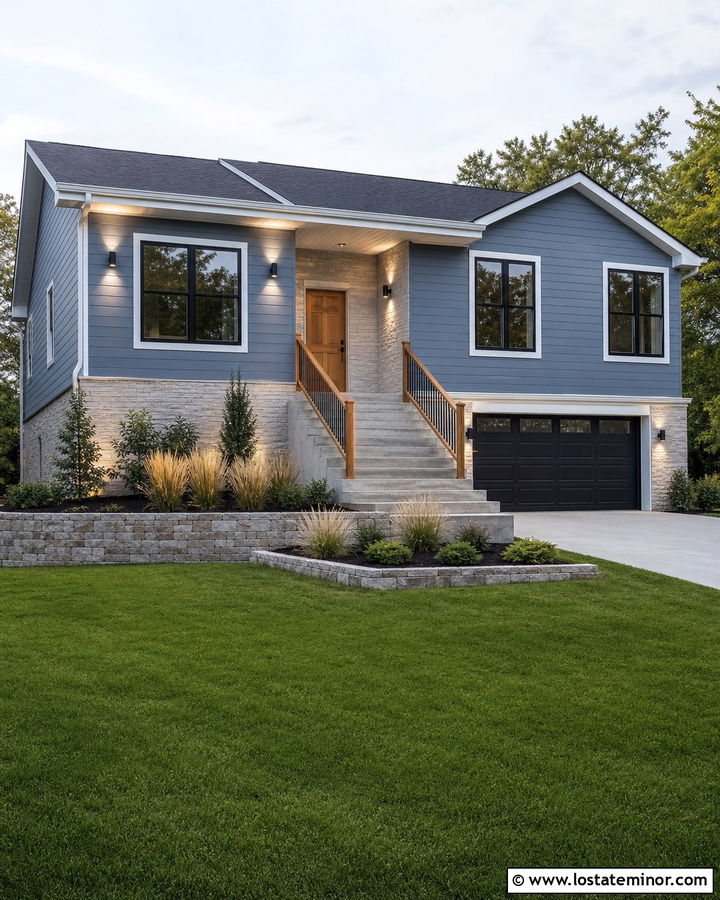 Dusty Blue Raised Ranch With Wall Wash Lights - 30 Dusty Blue House Design With Light Fixtures Ideas