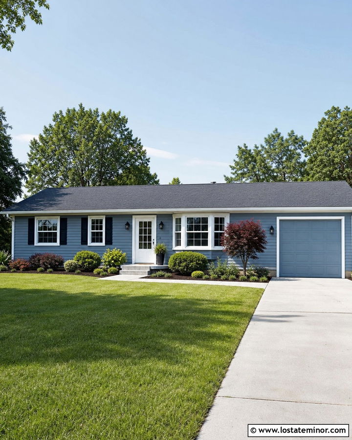 Dusty Blue Ranch House With Black Shutters - 30 Dusty Blue House Design With Shutters Ideas