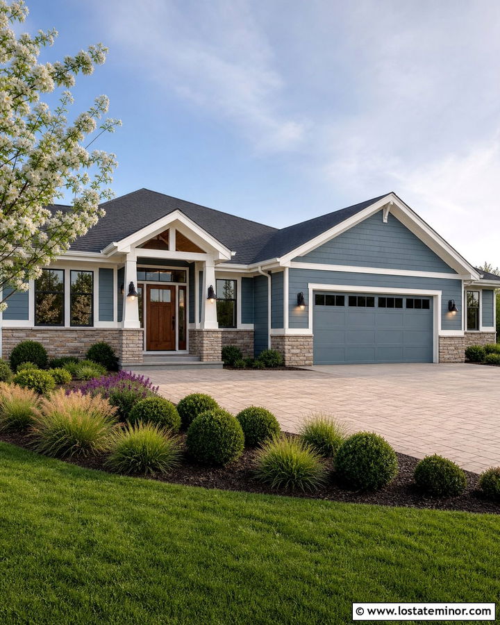 Dusty Blue Ranch House With Bronze Lights - 30 Dusty Blue House Design With Light Fixtures Ideas