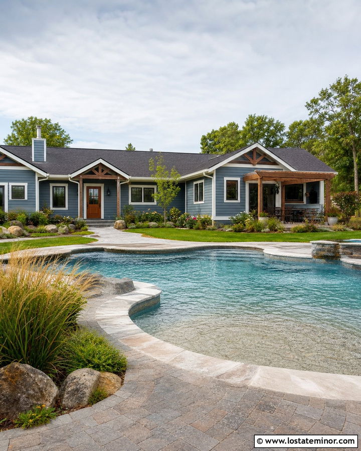 Dusty Blue Ranch House With Freeform Pool - 30 Dusty Blue House Design With Swimming Pool Ideas