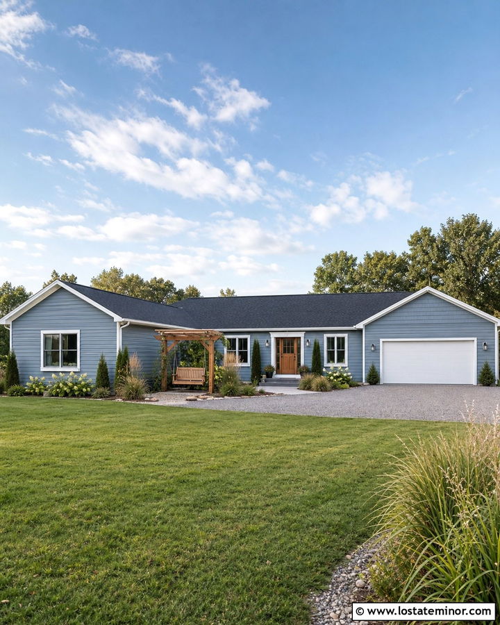Dusty Blue Ranch House With Freestanding Swing - 30 Dusty Blue House Design With Swing Ideas