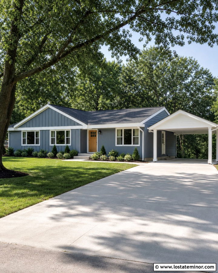 Dusty Blue Ranch House With White Gable Carport - 30 Dusty Blue House Design With Carport Ideas
