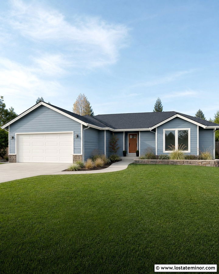 Dusty Blue Ranch House With White Garage Door - 30 Dusty Blue House Design With Garage Door Ideas