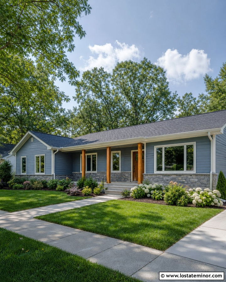 Dusty Blue Ranch House With Wood Porch Posts - 30 Dusty Blue House Design With Front Porch Ideas