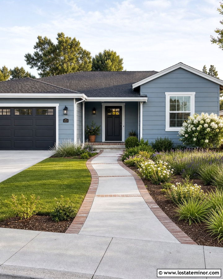 Dusty Blue Ranch With Brick Edged Concrete Walkway - 30 Dusty Blue House Design With Walkway Ideas