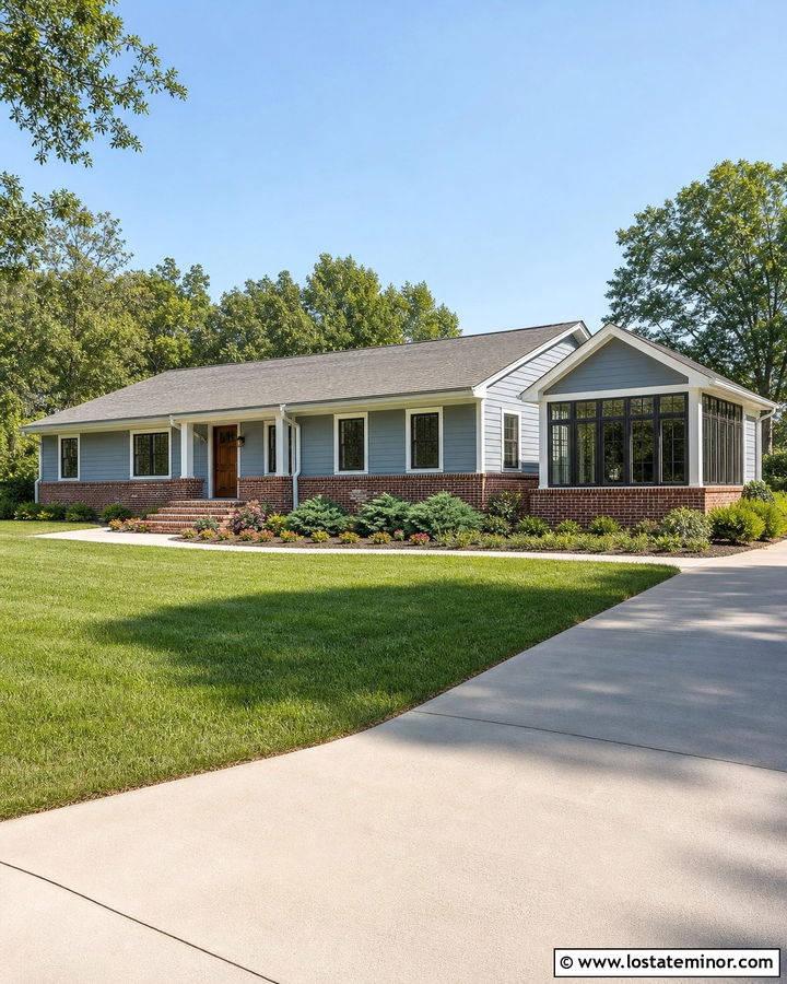 Dusty Blue Ranch With Brick Sunroom Base - 30 Dusty Blue House Design With Sunroom Ideas
