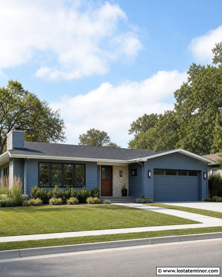 Dusty Blue Ranch With Charcoal Window Frames - 30 Dusty Blue House Design With Window Frames Ideas