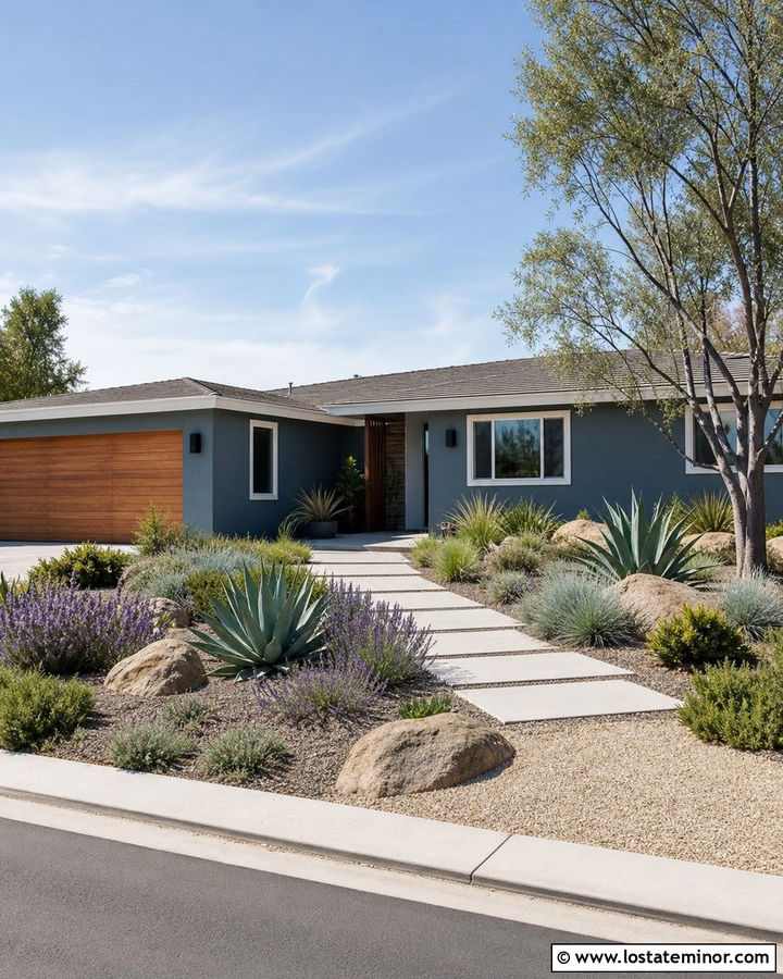 Dusty Blue Ranch With Drought Tolerant Front Yard - 30 Dusty Blue House Design With Front Yard Ideas
