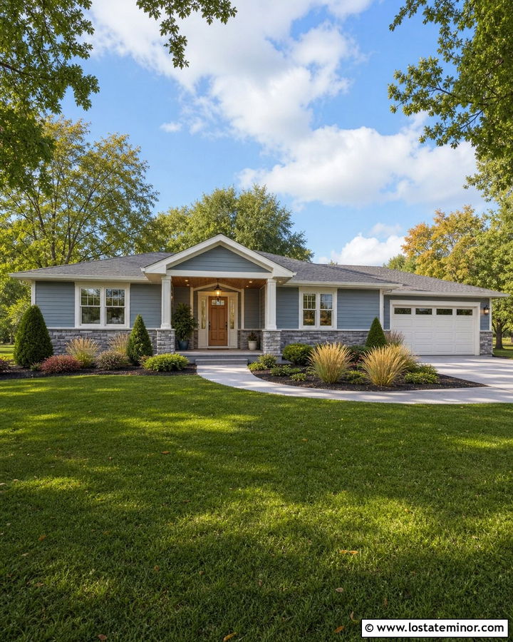 Dusty Blue Ranch With Gabled Portico - 30 Dusty Blue House Design With Portico Ideas