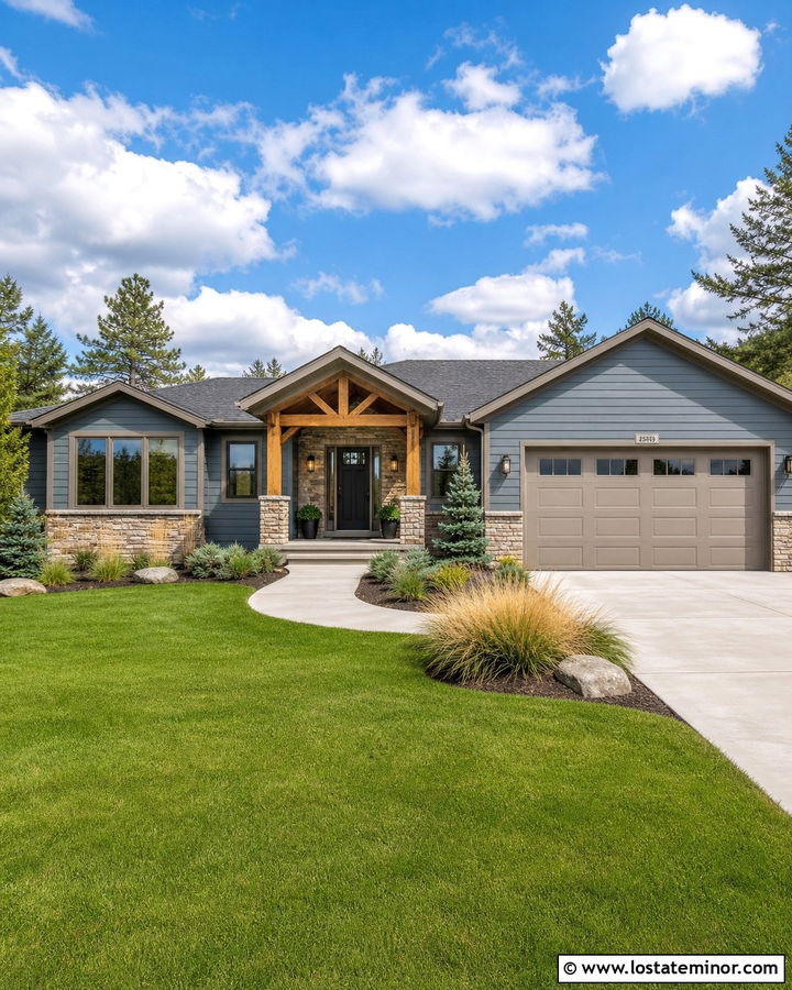 Dusty Blue Ranch With Greige Trim And Stone - 30 Dusty Blue House Design With Accents Ideas