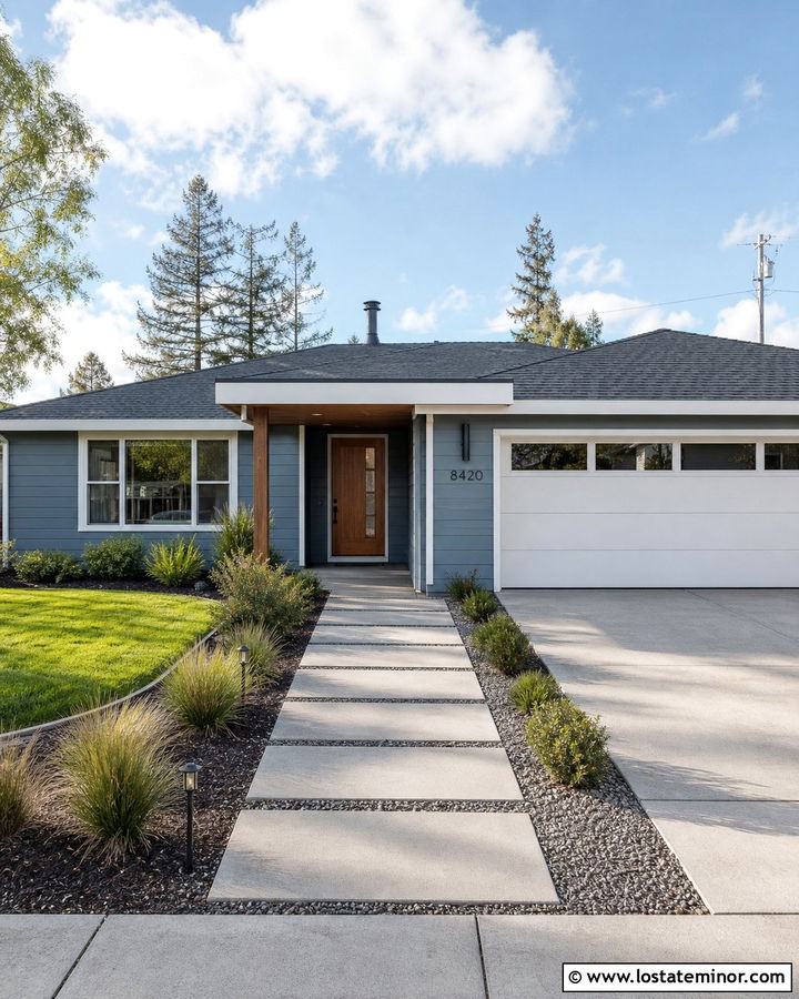 Dusty Blue Ranch With Large Concrete Pavers - 30 Dusty Blue House Design With Walkway Ideas