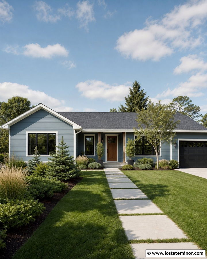 Dusty Blue Ranch With Layered Evergreens - 30 Dusty Blue House Design With Landscaping Ideas