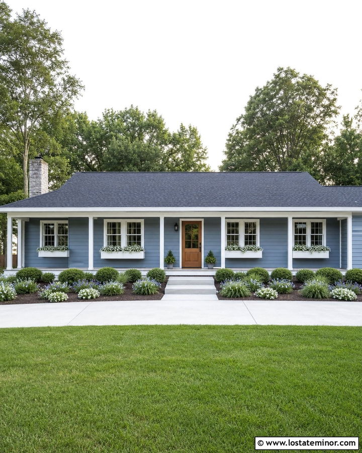Dusty Blue Ranch With Long Window Boxes - 30 Dusty Blue House Design With Window Boxes Ideas