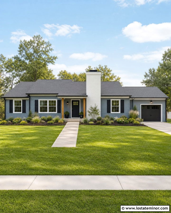 Dusty Blue Ranch With Painted Brick Chimney - 30 Dusty Blue House Design With Chimney Ideas