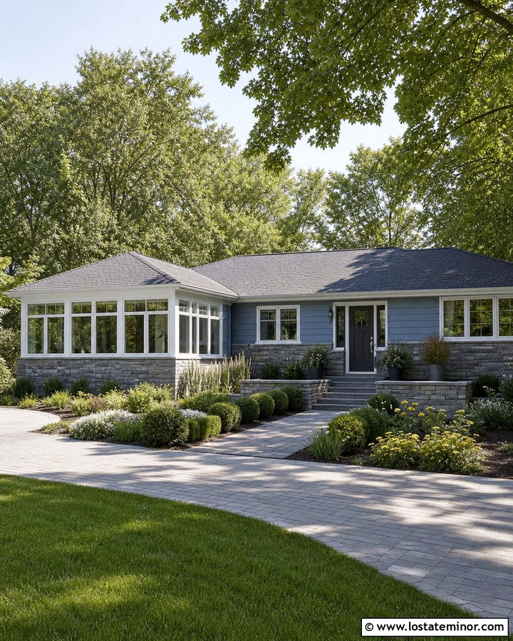 Dusty Blue Ranch With Patio Sunroom - 30 Dusty Blue House Design With Sunroom Ideas