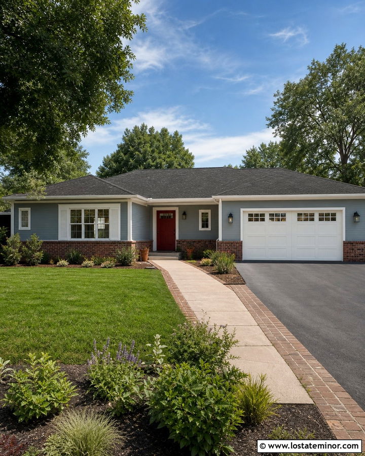 Dusty Blue Ranch With Red Front Door - 30 Dusty Blue House Design With Entry Door Ideas