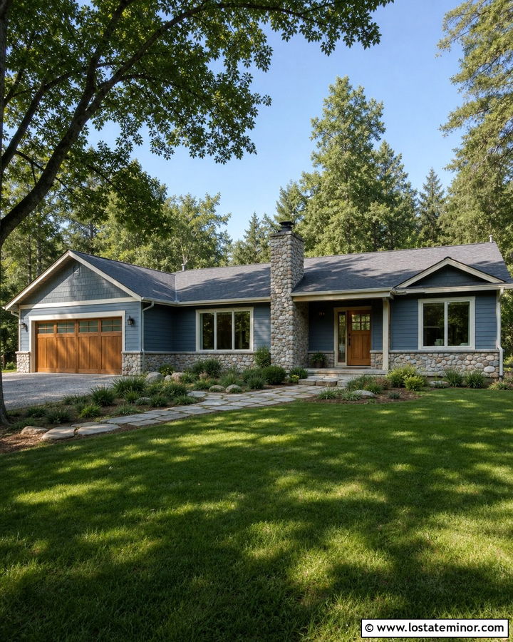Dusty Blue Ranch With River Rock - 30 Dusty Blue House Design With Stone Accents Ideas