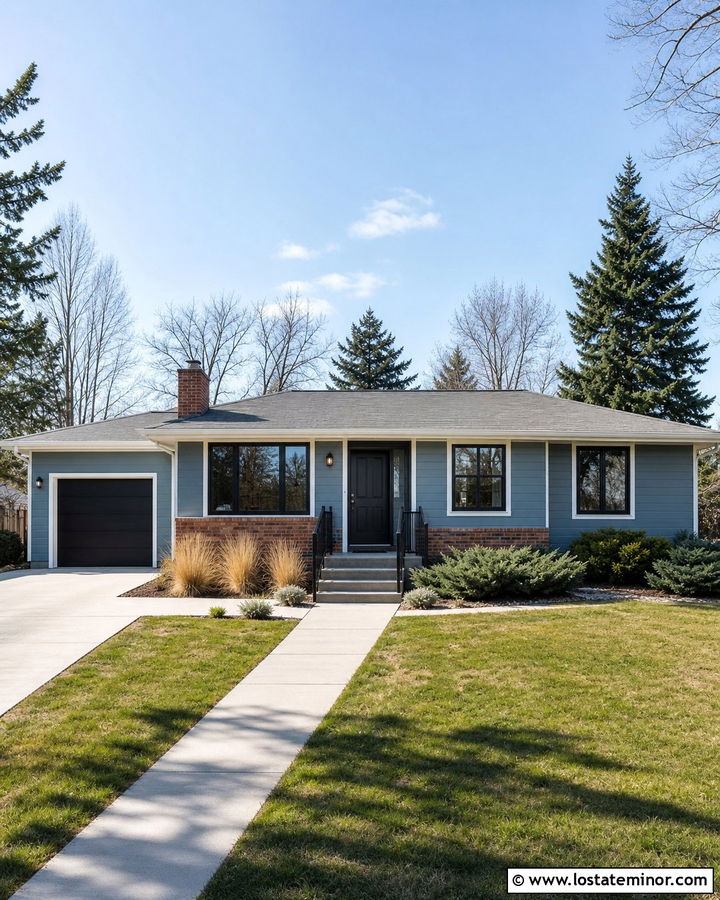 Dusty Blue Ranch With Simple Step Railings - 30 Dusty Blue House Design With Railings Ideas