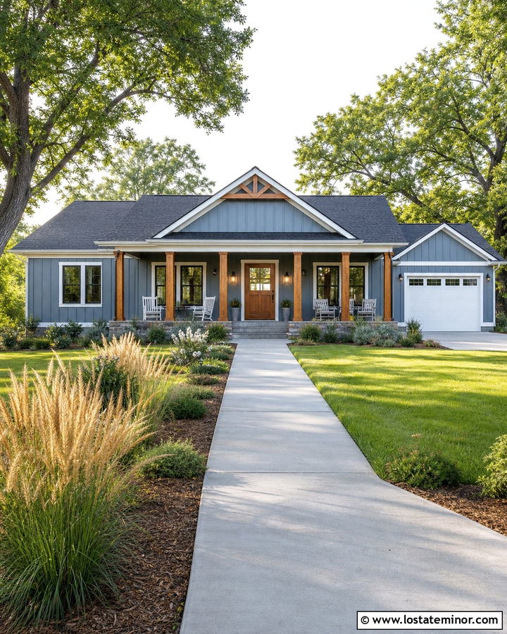 Dusty Blue Ranch With Simple Wood Columns - 30 Dusty Blue House Design With Porch Columns Ideas