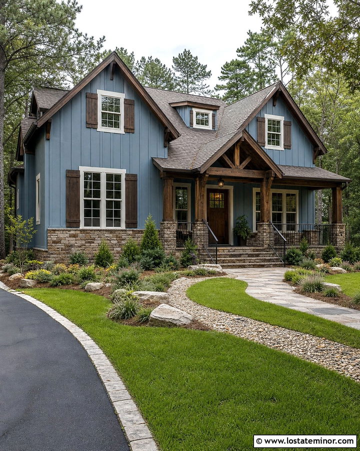 Dusty Blue Rustic House With Walnut Shutters - 30 Dusty Blue House Design With Shutters Ideas