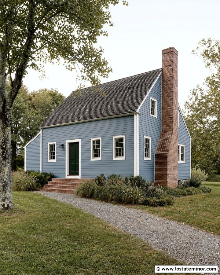 Dusty Blue Saltbox House With Brick Chimney - 30 Dusty Blue House Design With Brick Accents Ideas